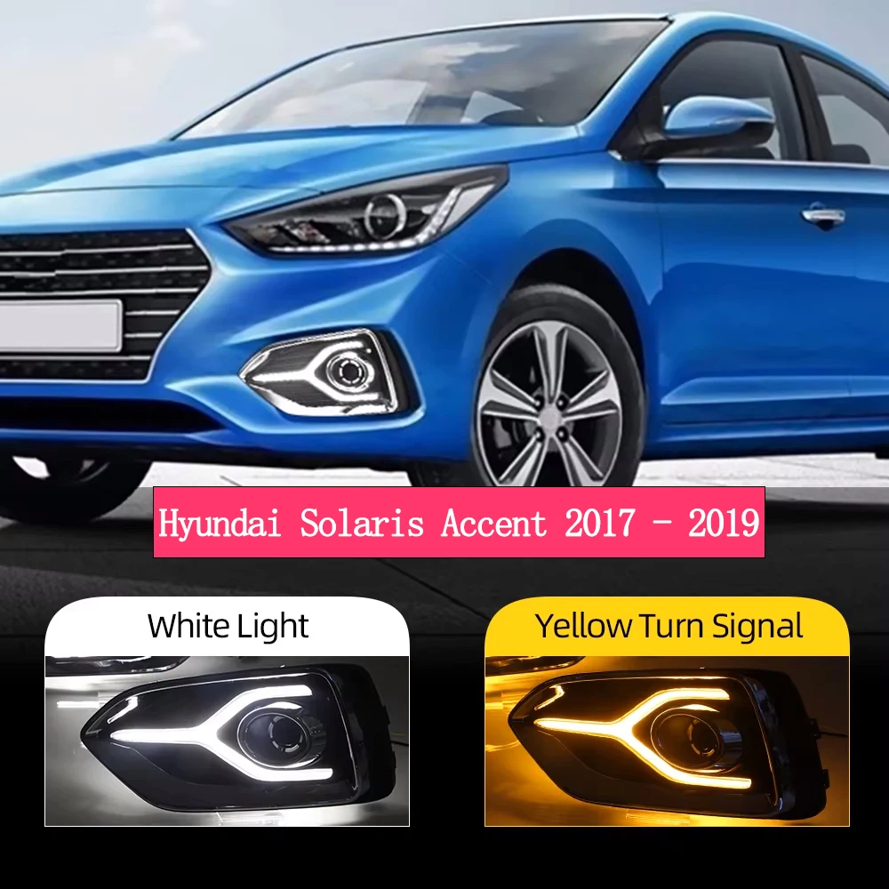 

2 PCS Car LED Daytime Running Lamps For Hyundai Accent Solaris 2017- 2019 Auto Daylights with Yellow Turn Signal 12V Car Foglamp