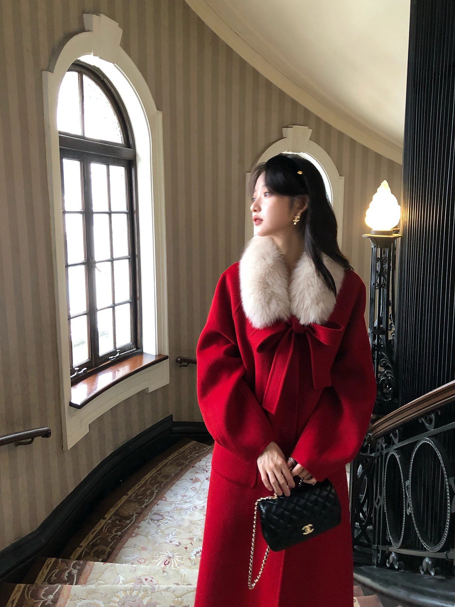 

Женское двустороннее шерстяное пальто Miss Jean с меховым воротником и завязками, осенне-зимнее, класса люкс, прямого кроя