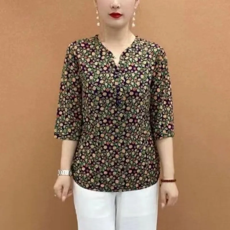 2024 Summer New 3/4 Sleeve Shirt Fashion Commute All-match Ice Silk Elastic Printed Button Round Neck Loose Women\'s Blouses Tops