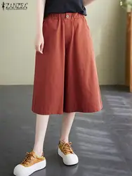 Women Solid Pockets Pantalon ZANZEA Korean Wide Leg Pant 2024 Summer Elastic Waist Capris Vintage High Waist Baggy Short Trouser