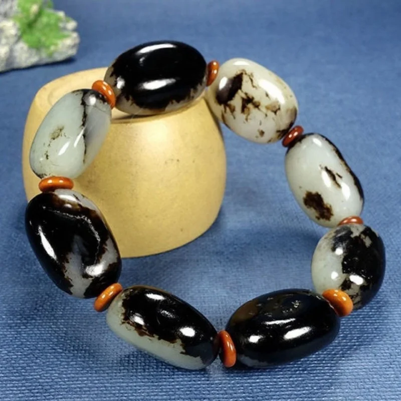 Black Leather Pebble Natural Hetian Jade Rough Stone Bracelet for Men and Wo