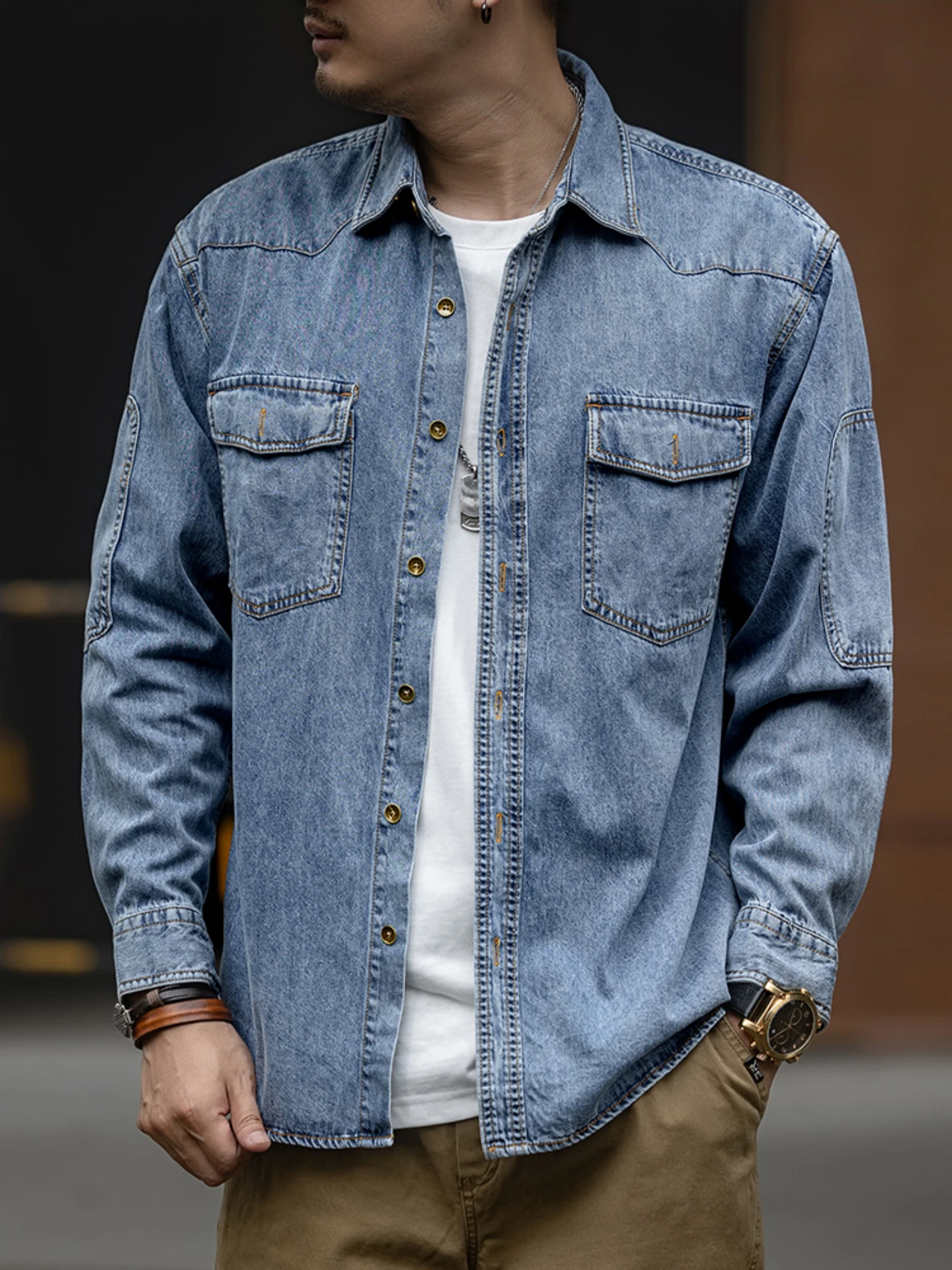 Retro American Denim Shirt Men's Loose Casual Washed Collar Workwear Jacket Spring Autumn New Style Youth Fashion Breathable