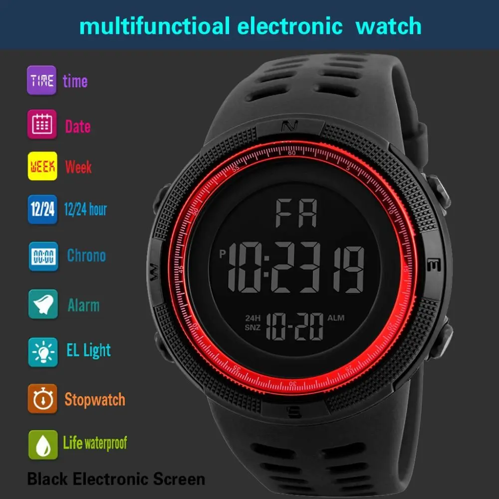 Men\'s Outdoor Sports Watch LED Screen Large Digital Face Waterproof Wristwatch Multi-Functional Electronic Watch