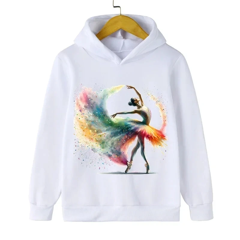 Watercolor Ballerina Print Cute Children Hoodies Casual Loose Long Sleeve Tops Sweatshirts Kids Cartoon Coat Autumn Winter Cloth