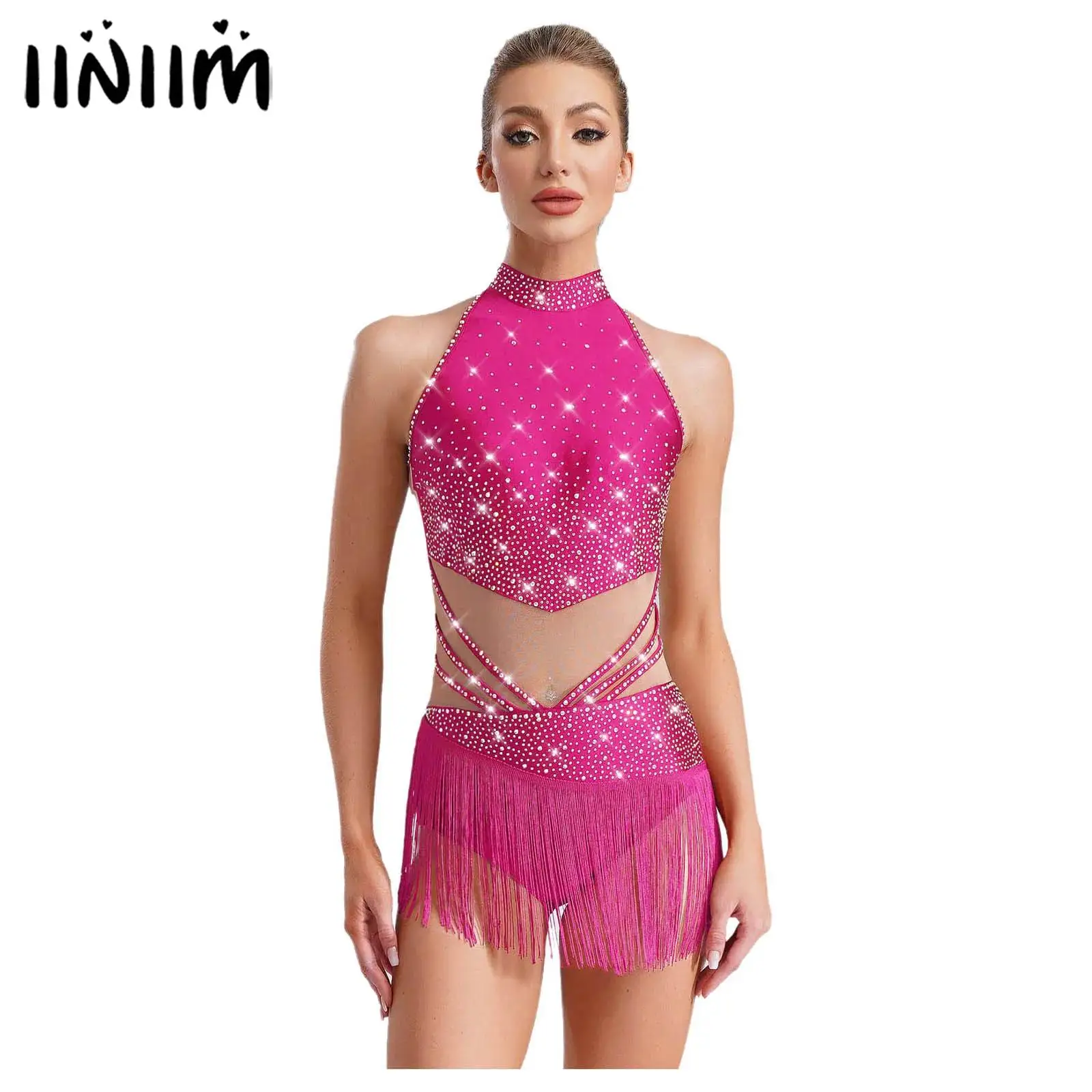 

Womens Rhinestones Gymnastics Latin Jazz Dance Performance Costume Mock Neck Rhinestones Tassels Adorned Leotard Jumpsuit Dress