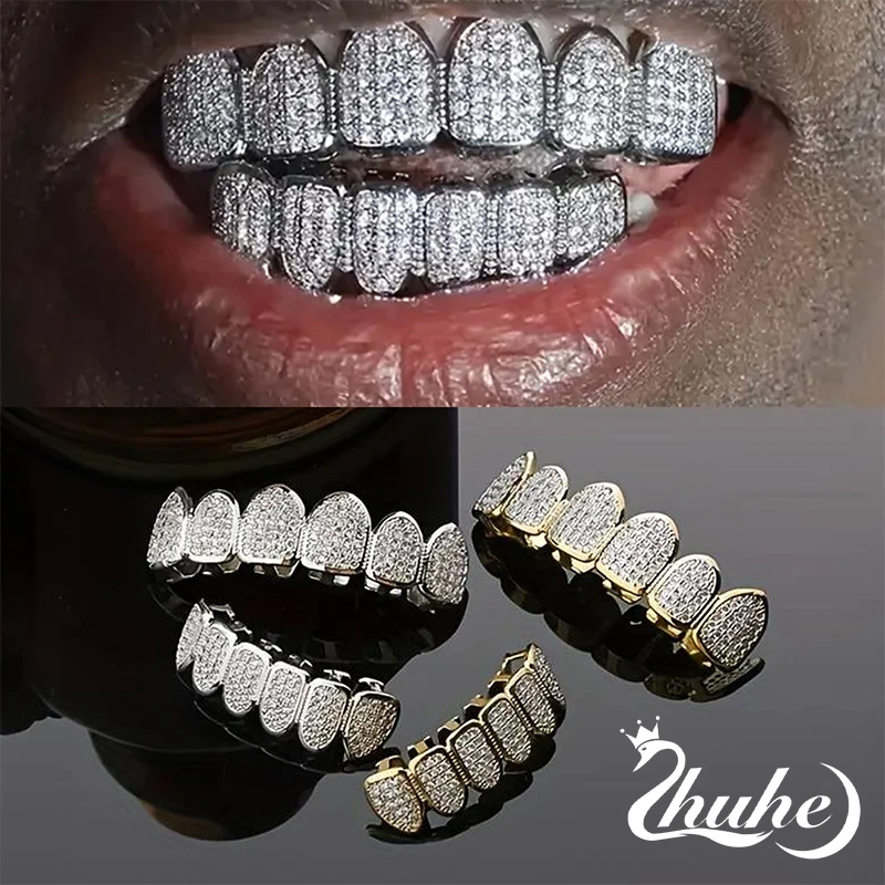 2024 New Full Diamond Gold And Silver Braces Hip Hop Rock Style Men's Copper Alloy Jewelry Party Gift