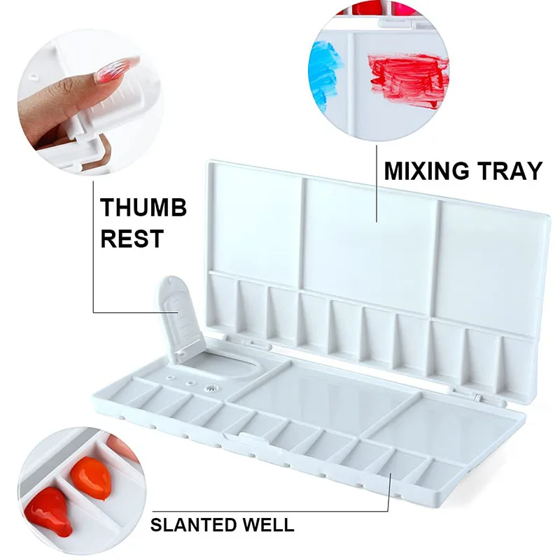 Caja de paleta de pintura compacta plegable con tapa, herramientas de mezcla de colores, suministros de arte, 25 pozos