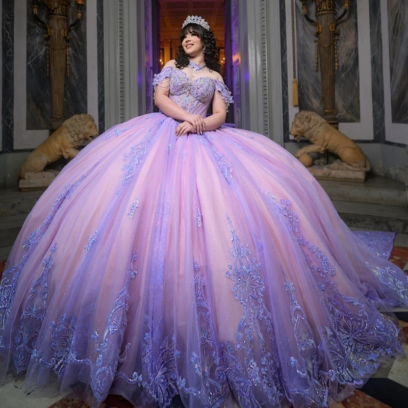فساتين Quinceanera الخزامى قبالة الكتف الترتر زين الدانتيل الديكور القوس الوردي بطانة مشد حفلة عيد ميلاد الحلو 16 فستان #1