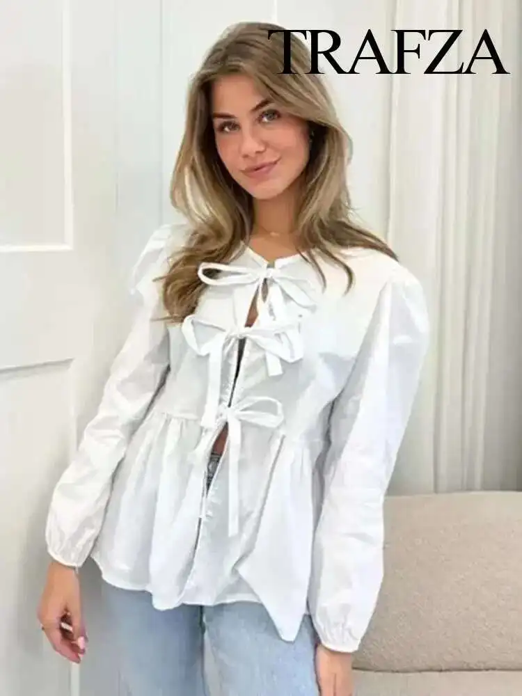 

Babyoung Fashion Solid Blouse Front Bow Tie Long Sleeve Shirt Summer Women Casual O Neck Shirts 2025 Female Chic Top