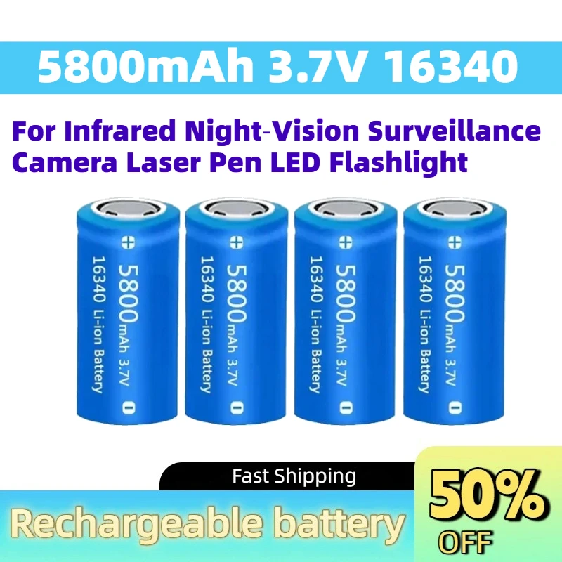 In Stock 5800mAh 3.7V 16340 Li-ion Rechargeable Battery for Infrared Night‑Vision Surveillance Camera Laser Pen LED Flashlight