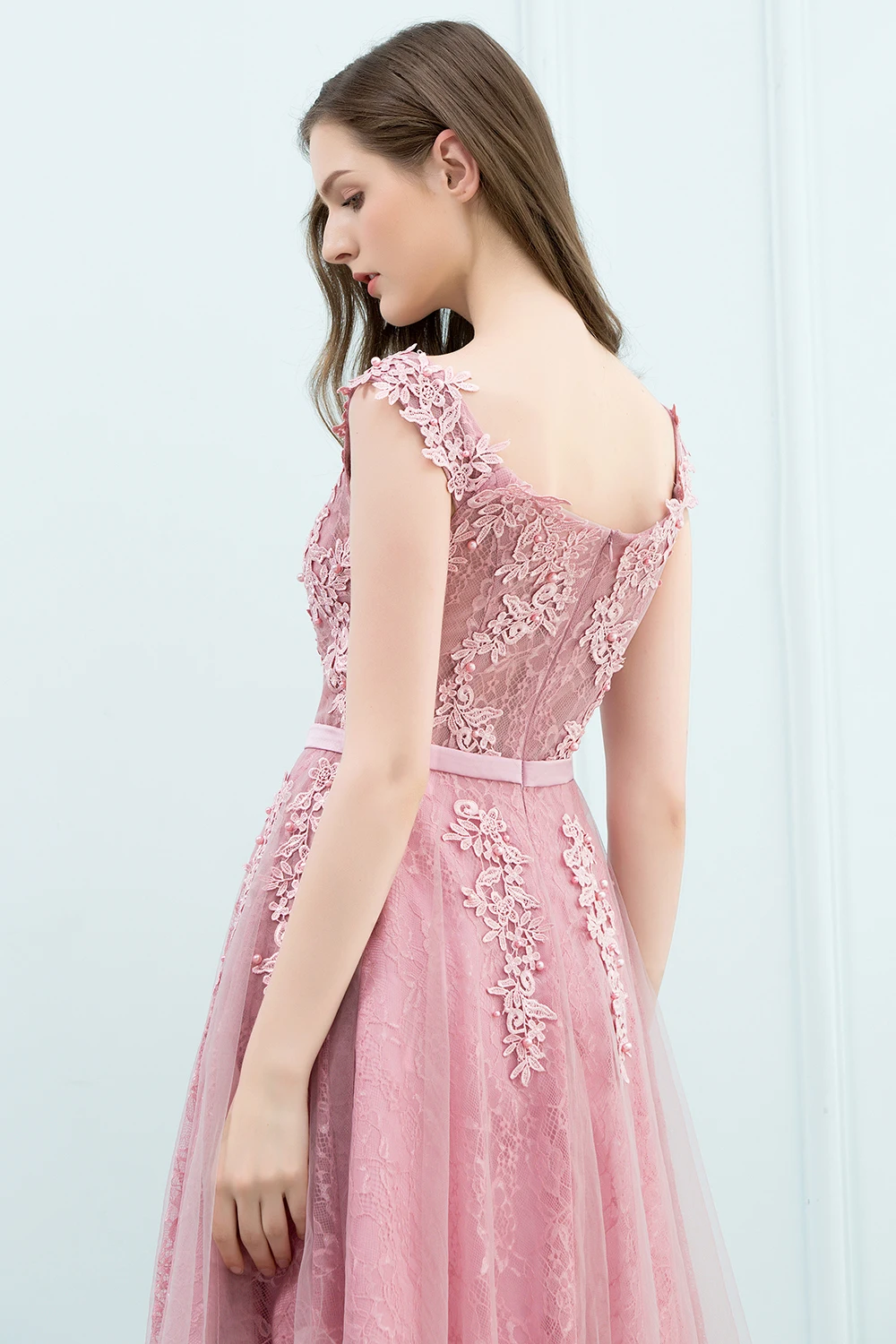 Short Evening Dresses  Underlaid V-neckline Floral Embroidery Pearls Beads Top Deep Back A Line Knee-Length Gown Prom Party