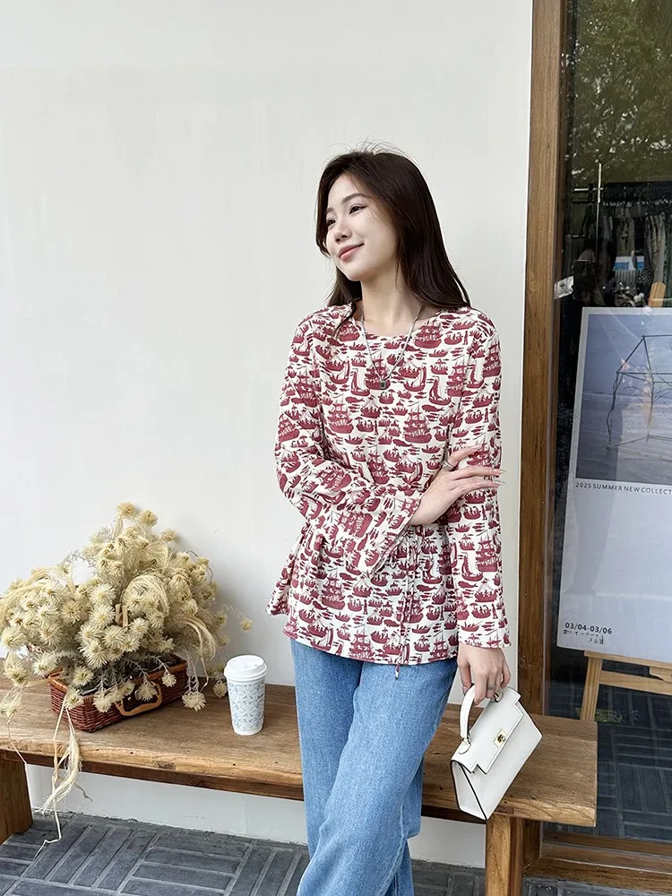 

16mm Double Gauze Silk Long Sleeve Shirt V-Neck Drawstring Design Slimming Waist Vintage Sailing Print Business Casual Top