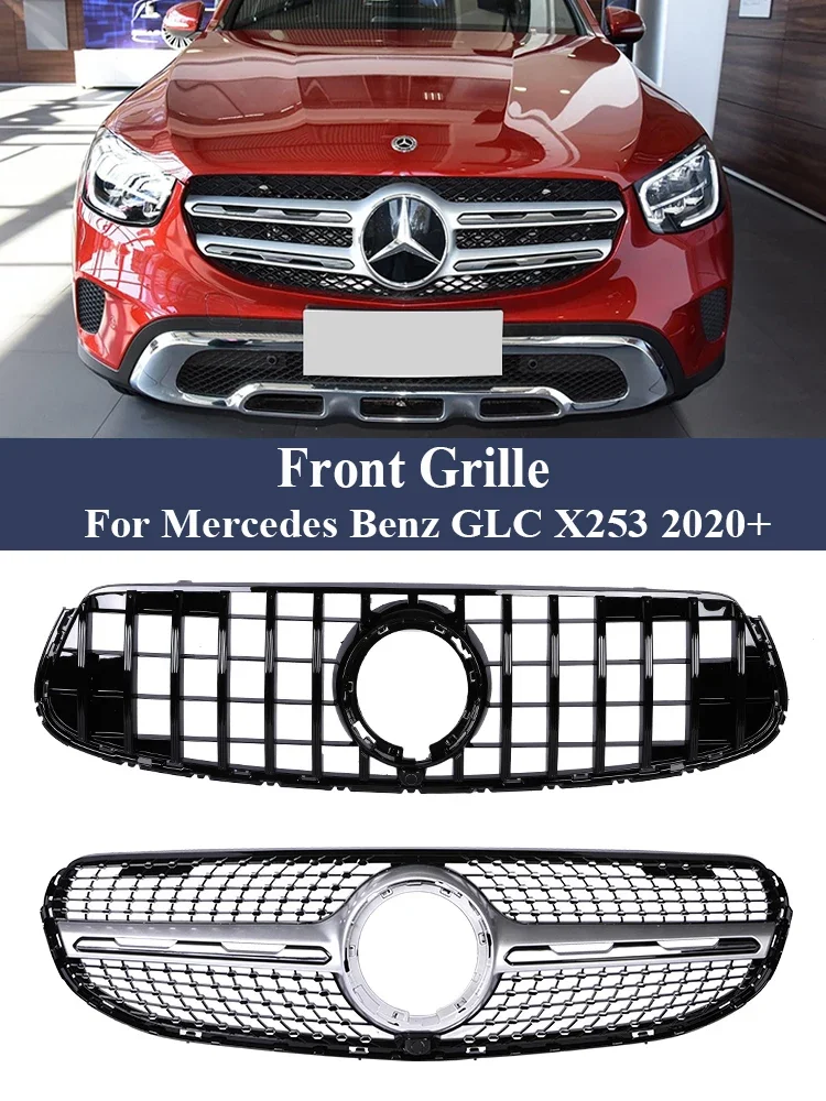 Front Bumper Panamericana GT Diamond Style Grille For Mercedes Benz GLC X253 C253 Facelift Black Silver 260 300 2020-2022