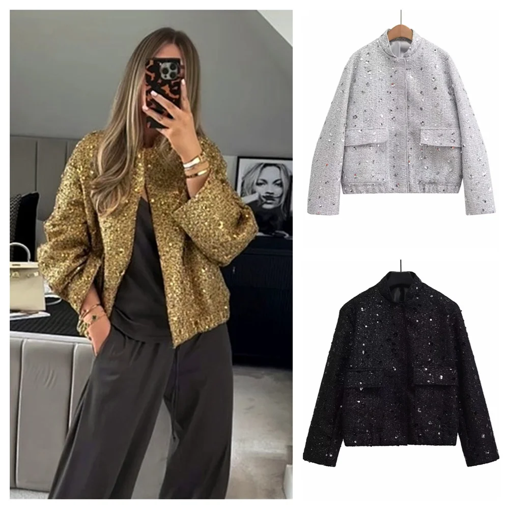 PB&ZA2024 autumn new women\'s fashionable temperament casual loose and versatile sequin embellished jacket jacket jacket