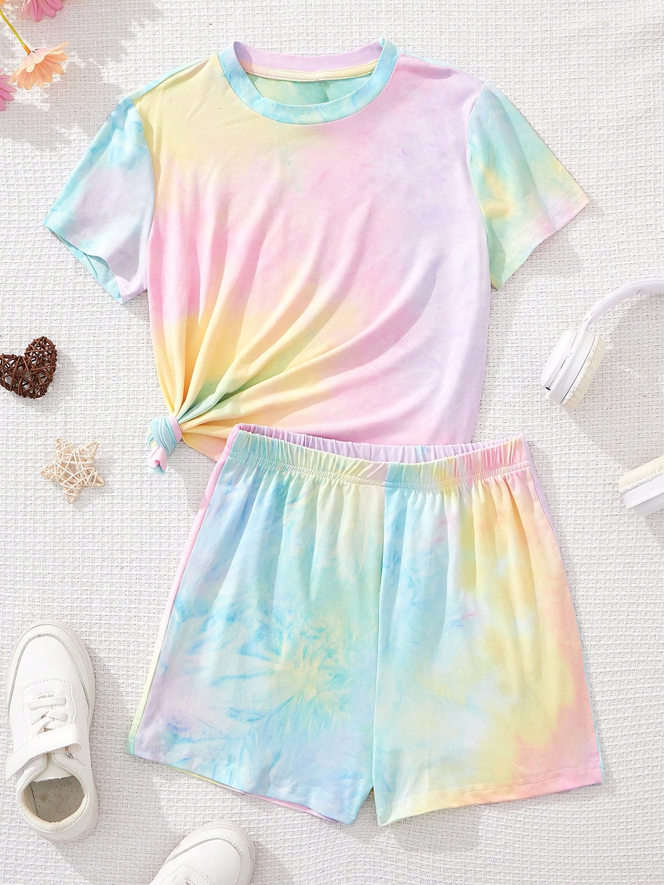 Junior gradient print casual crew neck short sleeve T-shirt and shorts set for summer,