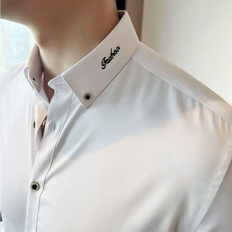 New Korean Neckline Embroidery Shirts Men Long Sleeve Business Slim Casual Shirts Formal Office Social Party Tops Men Clothing