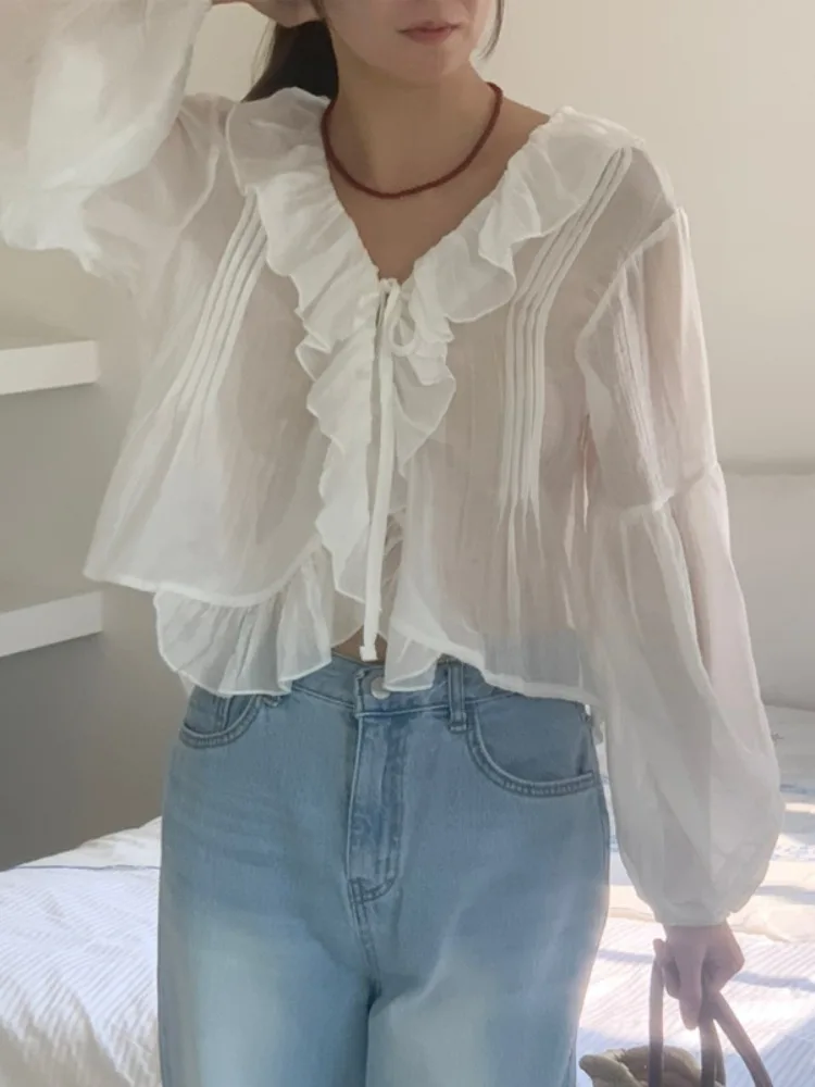 

Свободные длинные све женские irt V-Ne с рюшами по подолу в Корейском стиле, милая молодежная защита от солнца, модная офисная одежда