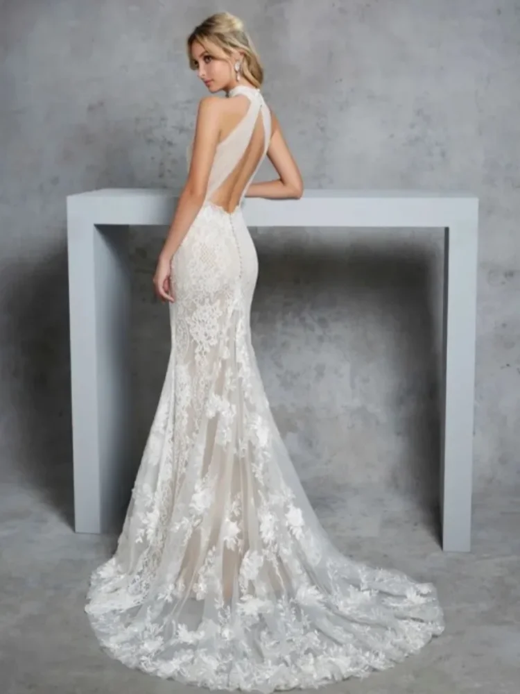 Elegante renda sereia vestido de casamento gola alta cinta decalque vestido de noiva sem mangas fora do ombro cauda longa vestido de noiva personalizado