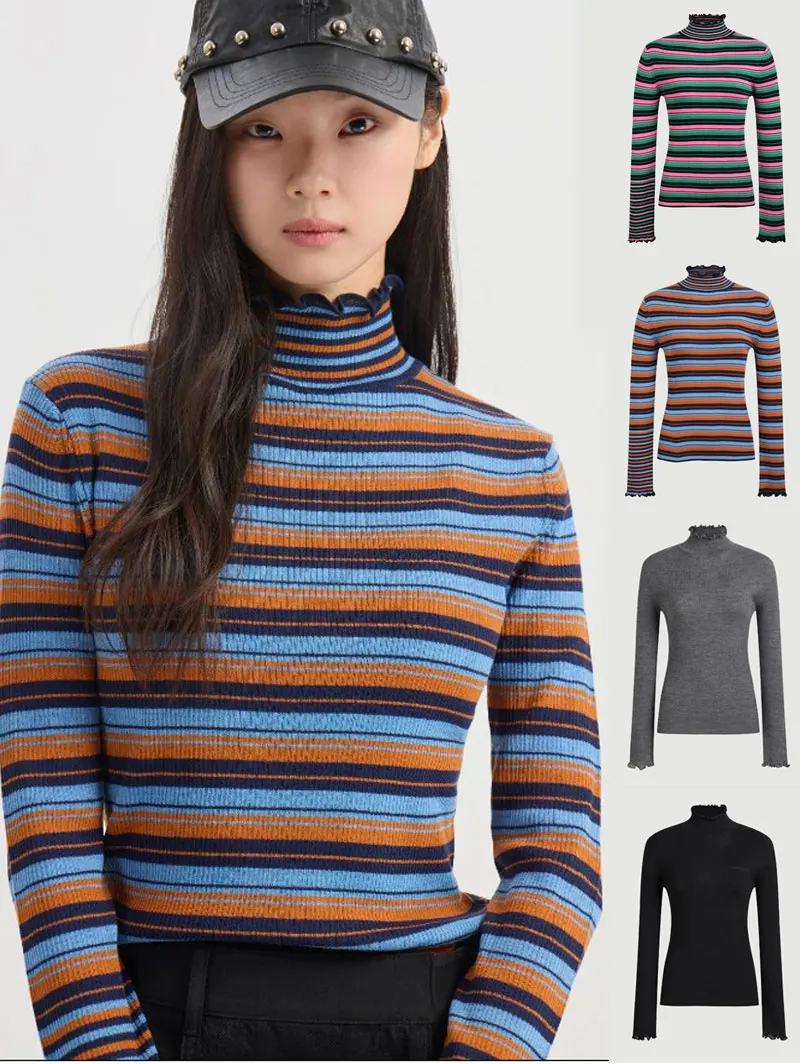 Fashionable Retro Striped Knitwear High Elastic Slim Fit Half High Collar Wooden  Bottoming T-Shirt for Women Autumn Wear