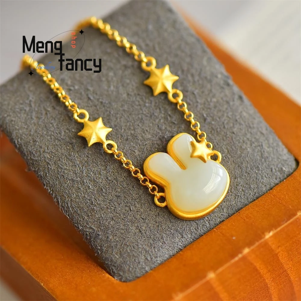 S925 Silver Natural Hetian Jade Rabbit Exquisite Elegant Simple High-grade Bracelet Luxury Fashion Jewelry Couple Holiday Gifts