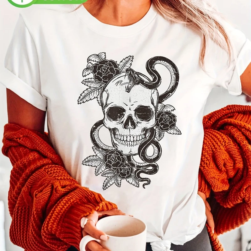 

Summer Hot Selling Women's Gothic Style Skull Snake Rose Printed T-shirt - Short Sleeve Round Neck Top