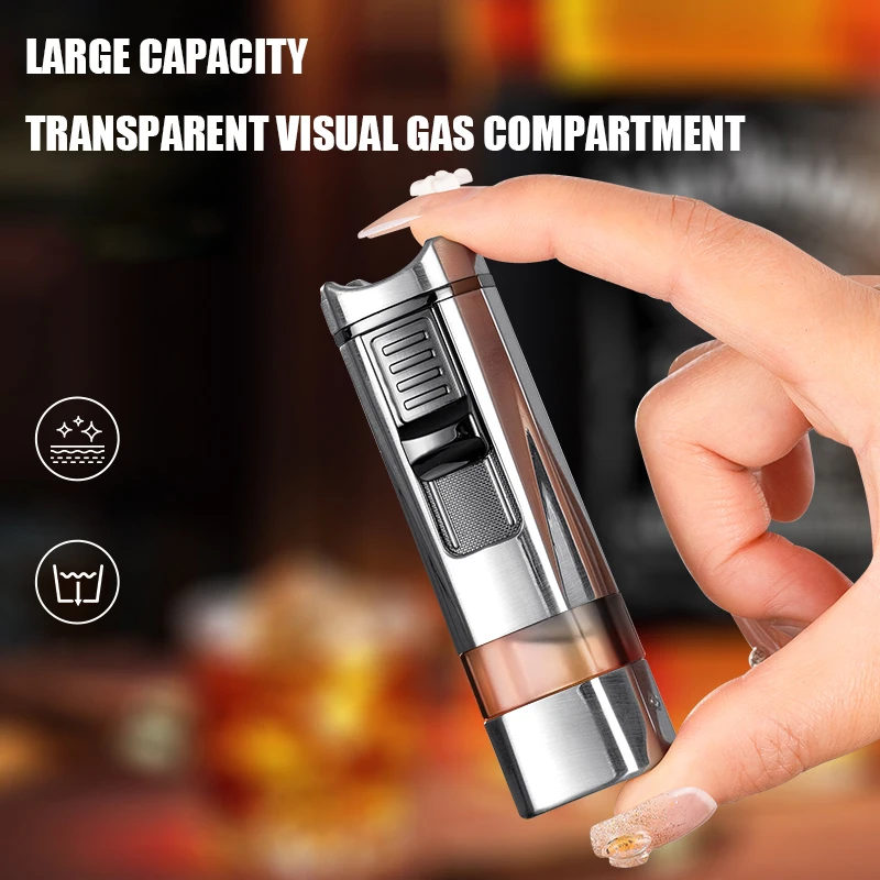 Windproof Four Fire Jet Flame Torch Cigar Lighter, Visible Large Capacity, Gas Chamber, Adjustable Bottom Cigar Cutter