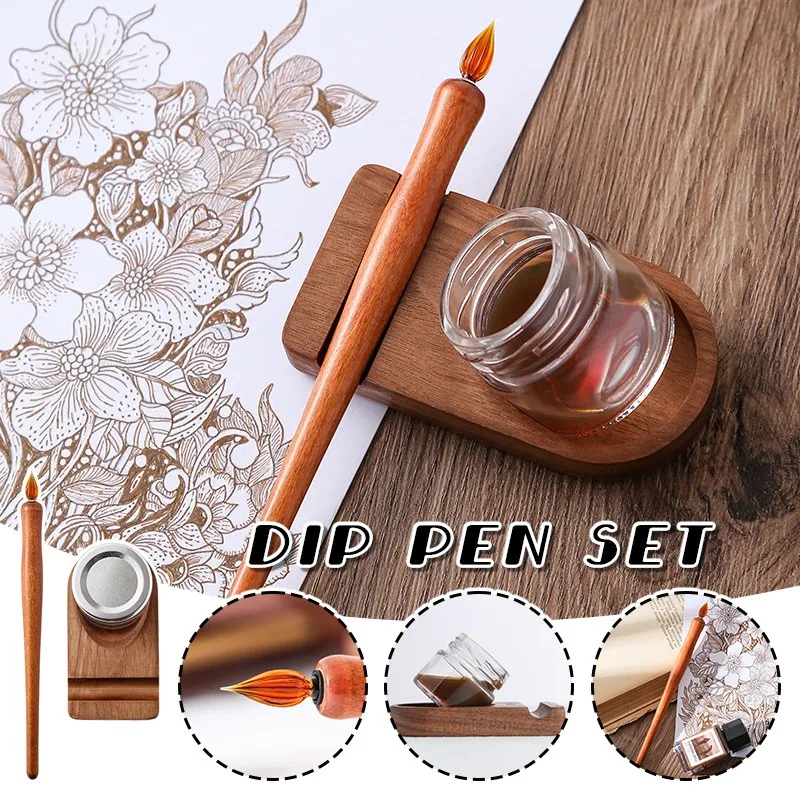 

Vintage Dipping Pen Set Wooden Pole Glass Dip Pen Ink Holder Sealed Container Art Painting Signature Calligraphy Fountain Pen