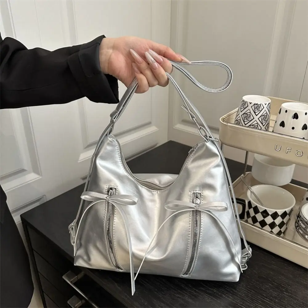 

Милая серебряная сумка через плечо с бантом, большая вместительная сумка-тоут с бантом Y2K, корейский новый стиль, элегантная сумка через плечо с бантом, уличная одежда