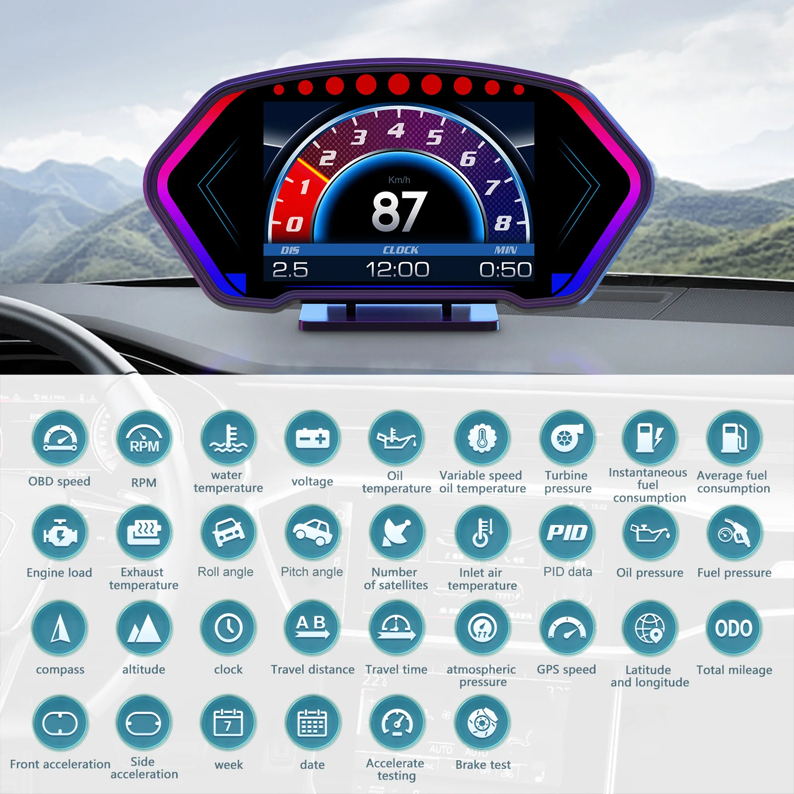 OBD Car Headup Display LCD Digital Speedometer P3 Multifunctional Inclinometer Angle Slope Meter KM/H MPH Tacho Water Temp Boost