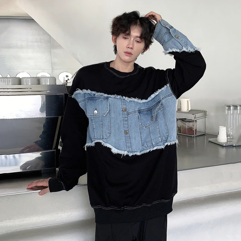 IEFB Denim Spliced Men\'s Sweatshirt Contrast Color Round Collar Pullover Top Long Sleeve Male Top Korean Style New Chic 9C7165