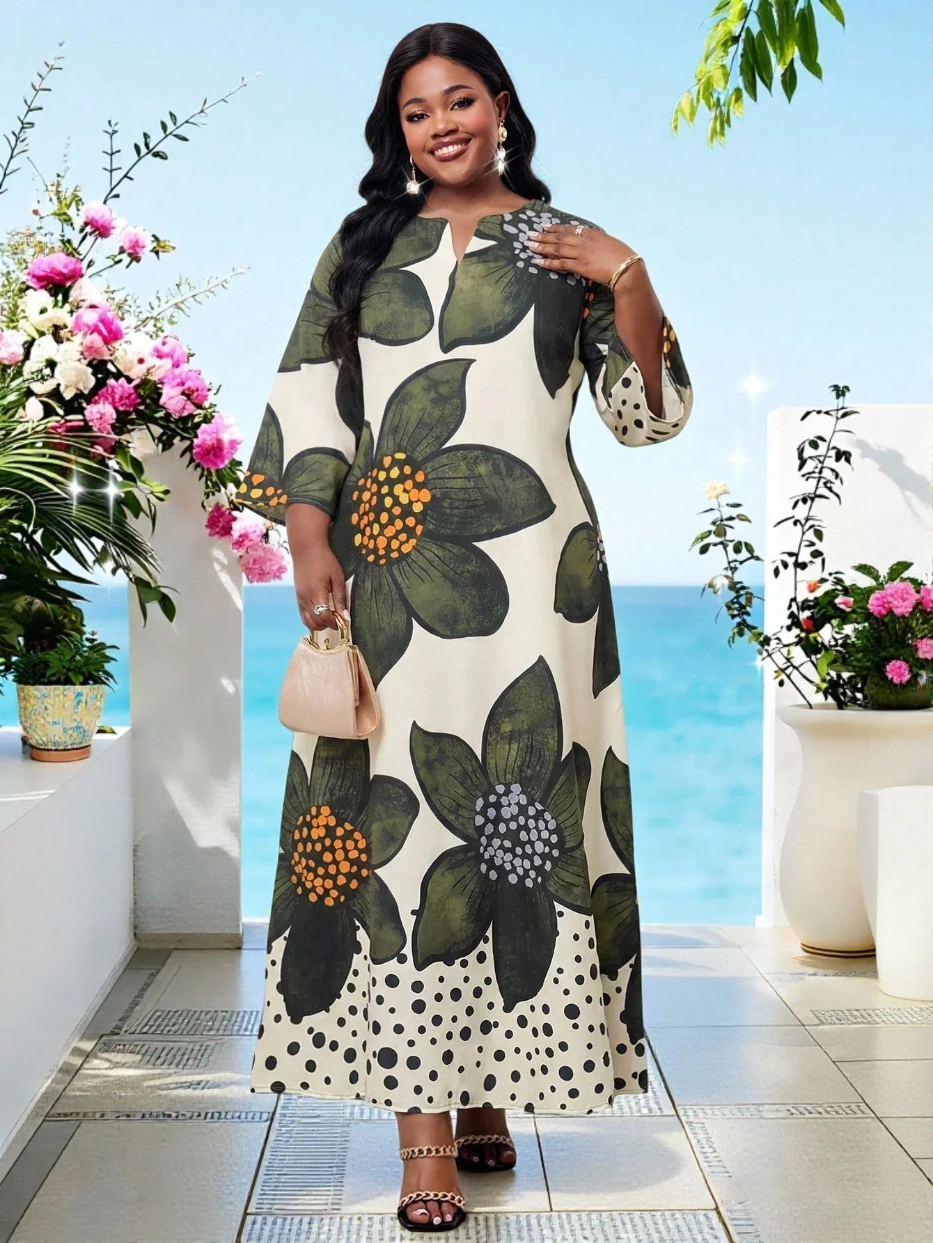 

Elegant Boho Floral Print 3/4 Sleeve Loose Maxi Dress For Women Vacation Beach Summer