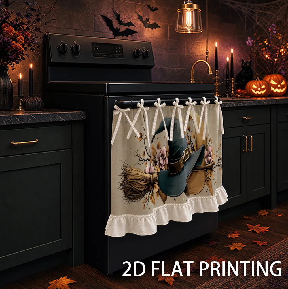 1PC kitchen stove curtain, cabinet curtain and apron. Featuring a 2D graphic design featuring a witch's hat, broom and moon. Use