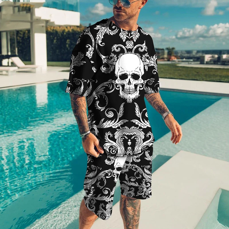 Summer Fashion Skeleton 3D Print T-Shirts Shorts Sets Men's Tracksuits Oversized Short Sleeve T Shirt Pants Set Suits Clothing