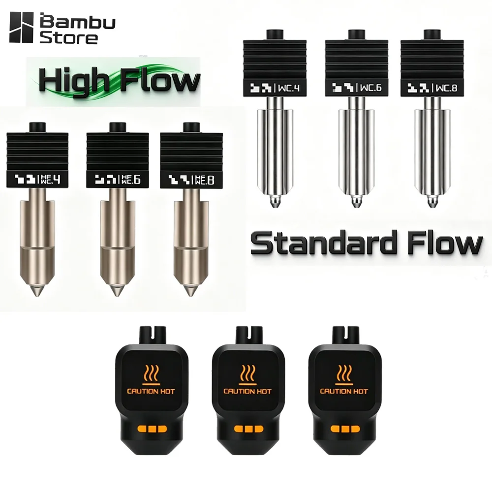 Original Bambu Lab Tungsten Carbide Nozzle Hotend  For H2D/H2S/H2C/P2S/X2D, 0.4/0.6/0.8mm Standard/High Flow, Silicone Sock