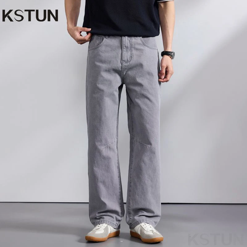 

KSTUN Men's Loose Straight Jeans Gray 2026 Spring 100% Cotton Male Denim Pants Americian Vintage Business Casual Dad Trousers