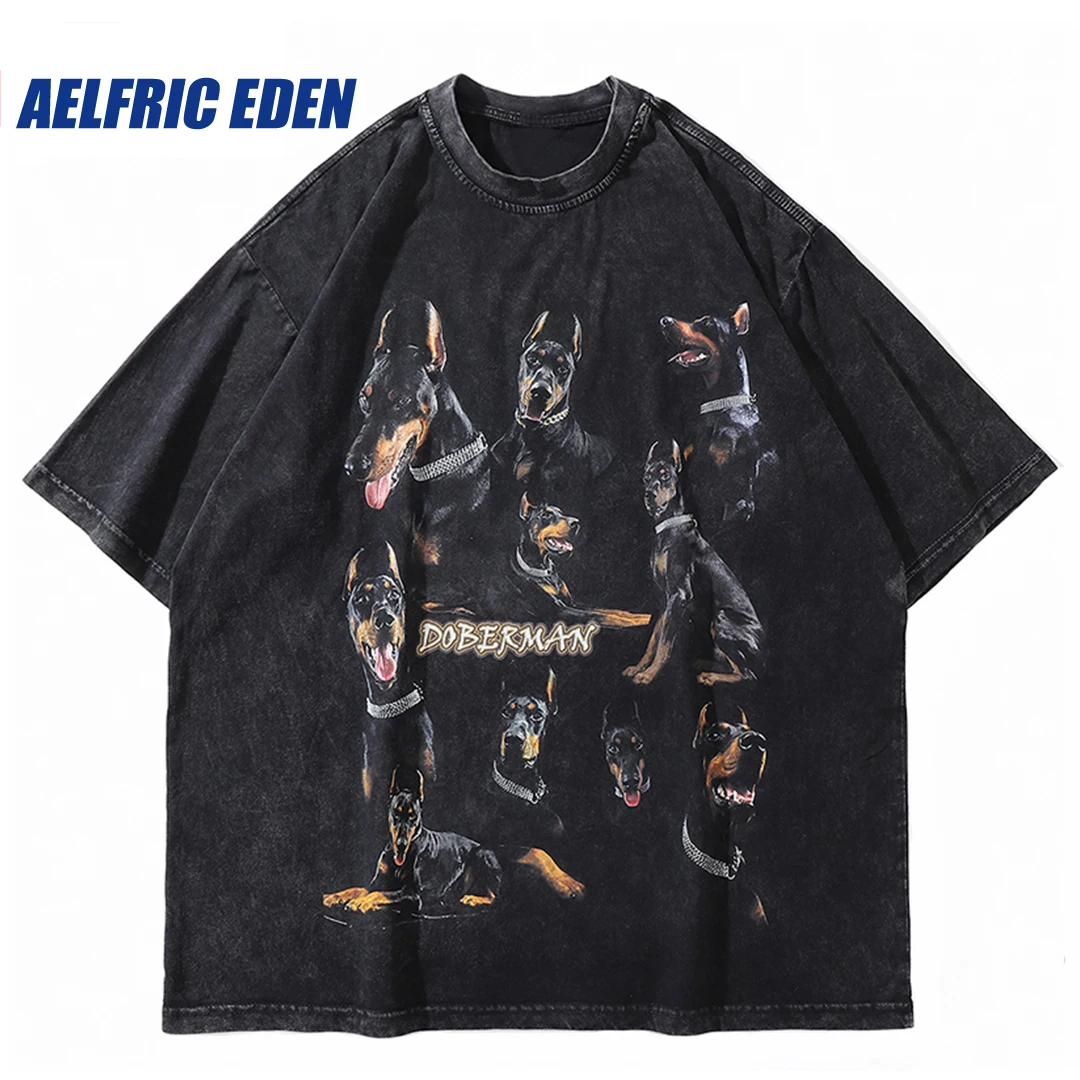 

2023 Men Hip Hop Streetwear T Shirt Doberman Dog Graphic T Shirt Cotton Loose Short Sleeve Black Washed Tshirt Oversize Harajuku