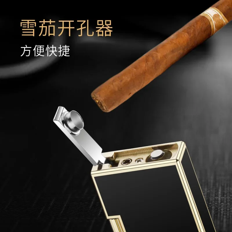 High-end Business Straight-through Compact Jet Butane Engraved Metal Gas Bright Sound Cigar Lighter with Cigar Cutter with Box