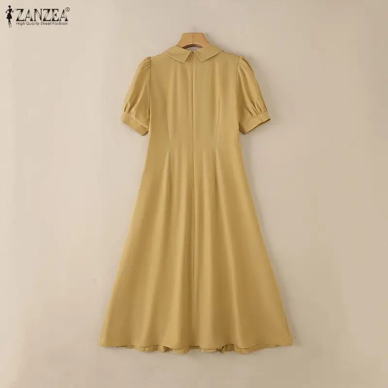 ZANZEA فستان كاجوال المرأة الصيف قصيرة الأكمام فضفاضة الصلبة الركبة طول فستان الشمس 2026 موضة مطوي أنيقة مكتب سيدة Vestidos #5