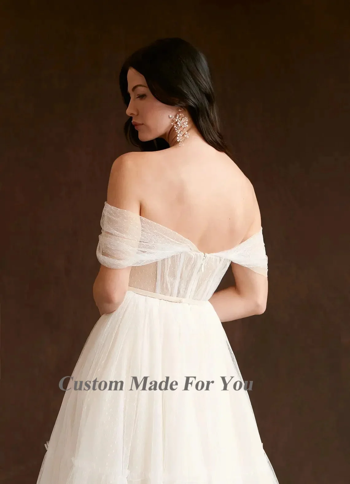 فساتين زفاف Rode De Morrie مصنوعة خصيصًا للنساء 2025A Line منقطة تول ميدي فساتين زفاف العروس قبالة الكتف طول الكاحل Pr #3