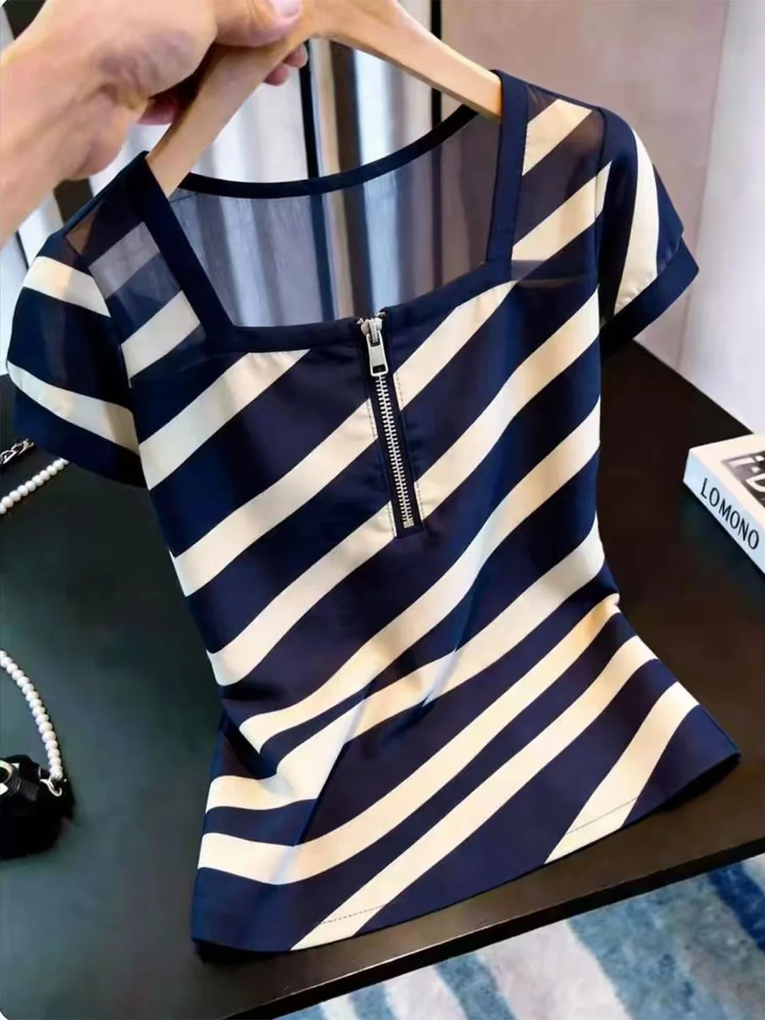 

Slim Fit Short Sleeve T-Shirt Women's Korean Style Color Block Design Fashionable Summer Top Poetic Lin Brand Commute Style