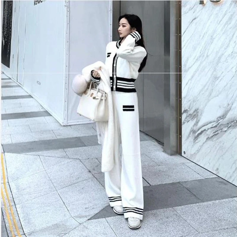 Korean Spring Knitted Pants 2 Piece Set Fashion Long Sleeve Short Cardigan Conjunto Casual Elegantes Wide Leg Pantalones Outfits