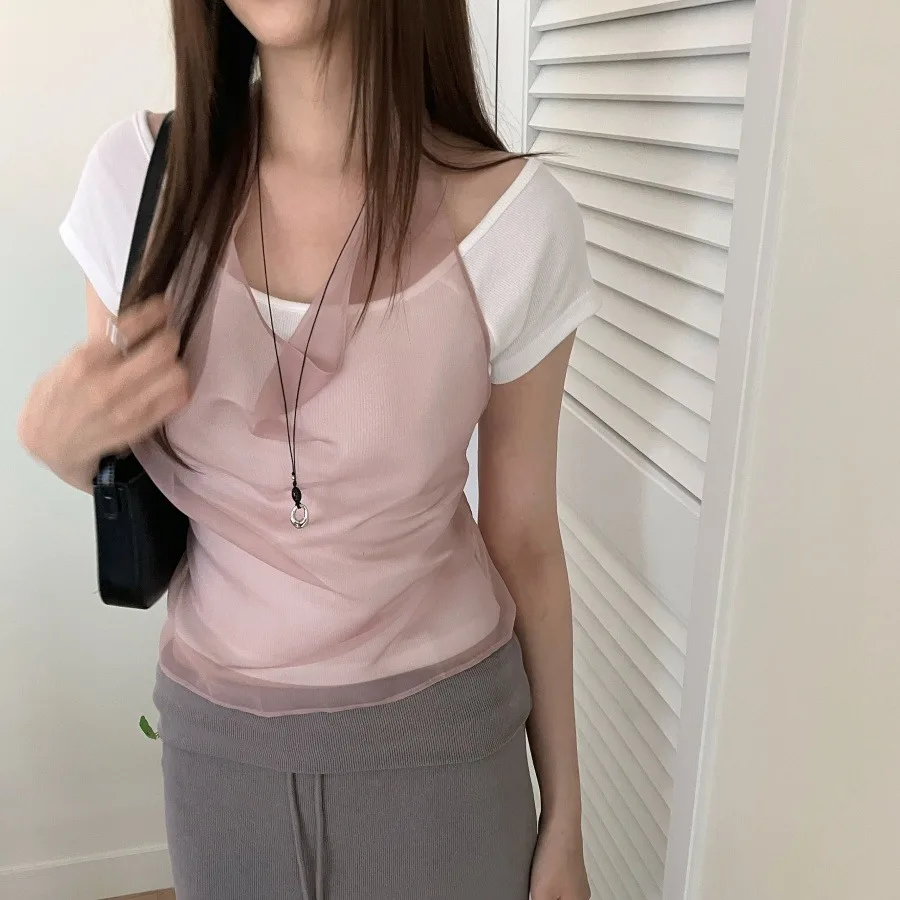 Casual Style Off-Shoulder Mesh Vest Women's Summer Fashion Neck Hanging Belted Tank Top Transparent Lace Trim Casual Wear