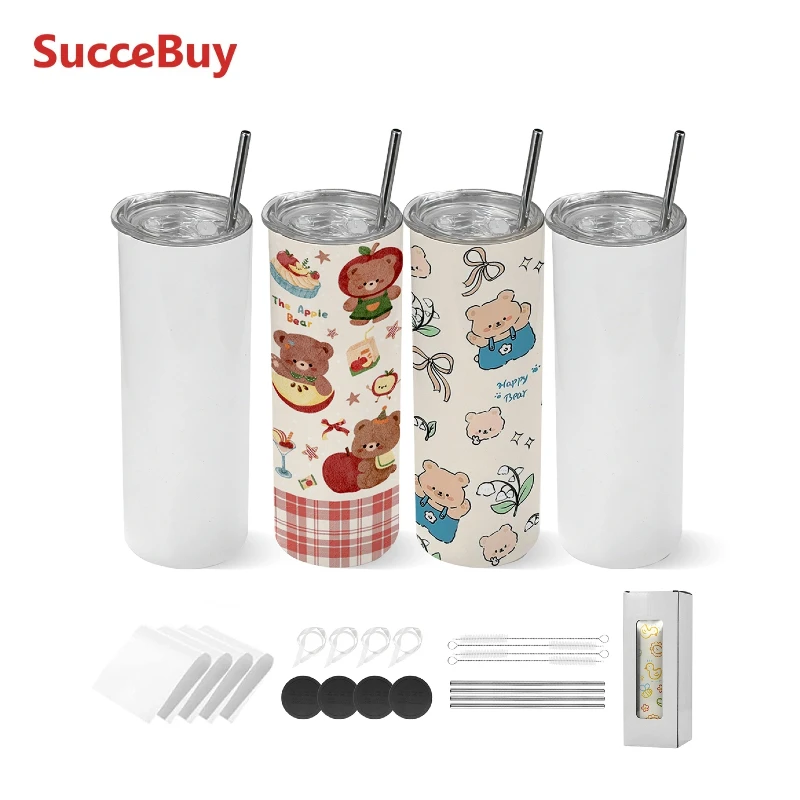 VEVOR Gobelet à Sublimation Vierge 4PCs 591 mL, Gobelet Isotherme à Personnaliser Droit et Fin, pour Personnalisation DIY, Bouteille Sublimable en Inox, Double Paroi Isolée, avec Couvercles et Pailles