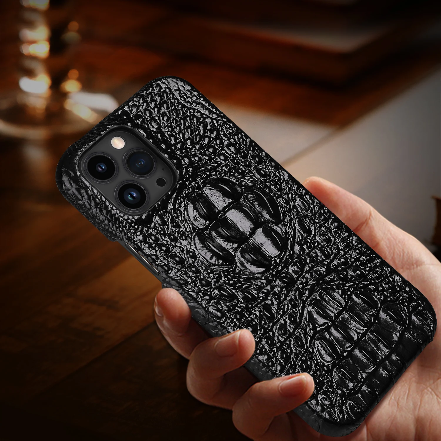 Funda de cuero de vaca genuino para iPhone 14 15 16 Pro Max cubierta trasera de calavera de cocodrilo