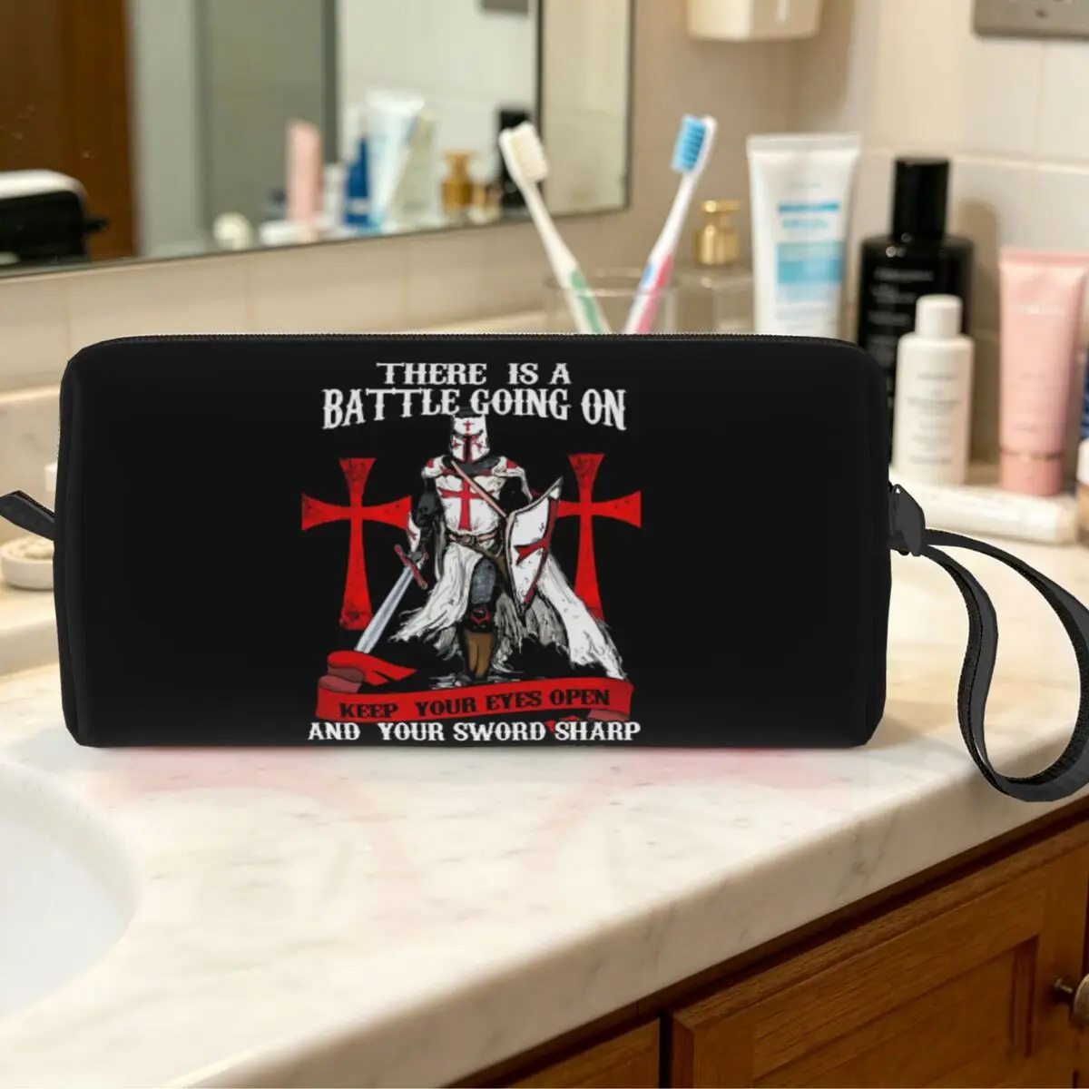 Knights Templar Cross Shield Symbol Medieval Sword Emblem Secret Order Makeup Bag Cosmetic Organizer Storage Dopp Kit