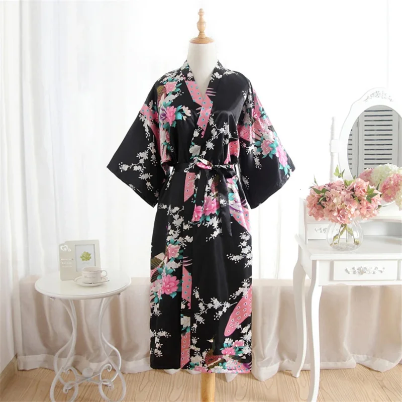 15Color Women Japanese Style Kimono Yukata Sleep Wear Peacock Satin Thin Long Nightgown Robes Traditional Adult  Loose Clothing