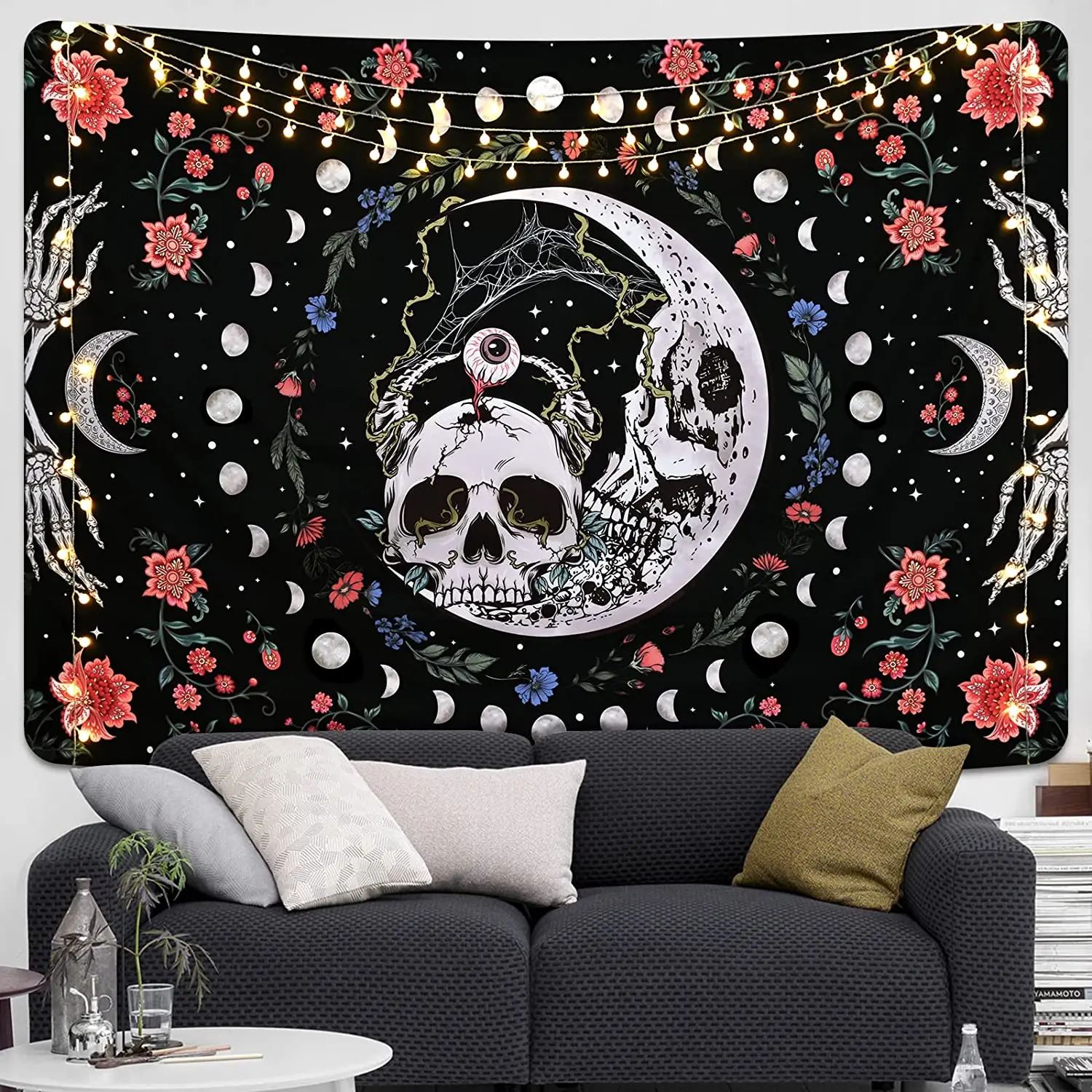 VIKAMA Dunkles Skelett Mond Kunst Wandteppich Schwarz Gothic Stil Schlafzimmer Hintergrund Wanddekoration Retro Wandteppich Raumdekoration