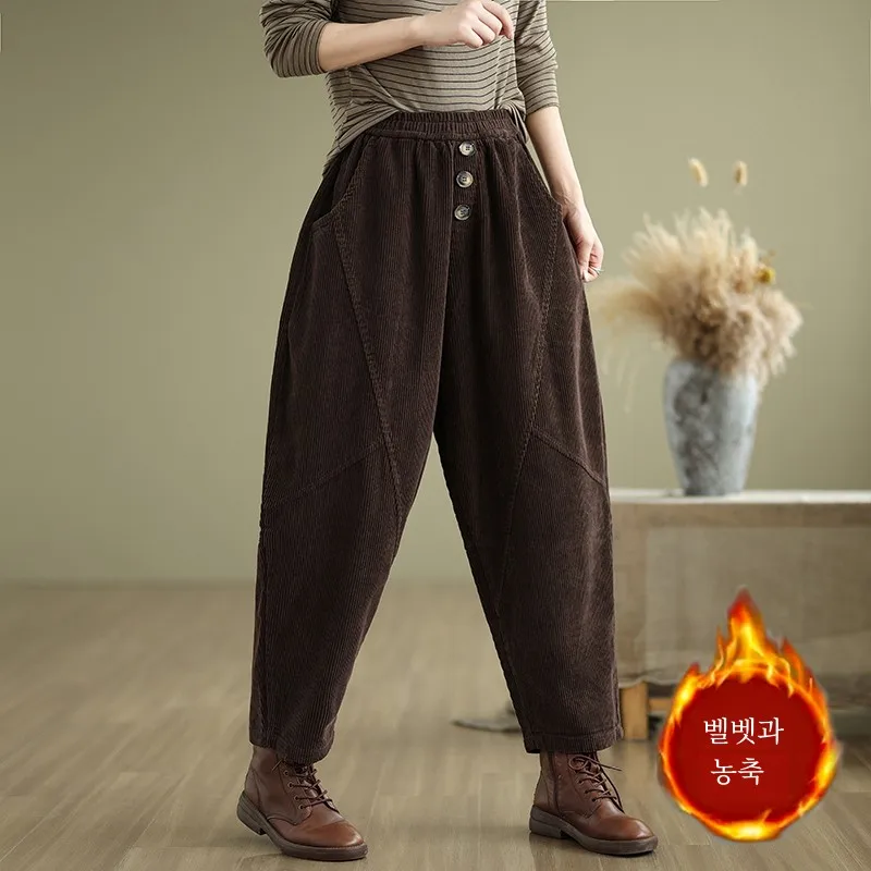 2024 Autumn and Winter Fleece-lined Thick Warm Retro Corduroy Casual Dad Pants Patchwork Button Elastic Waist Radish Pants