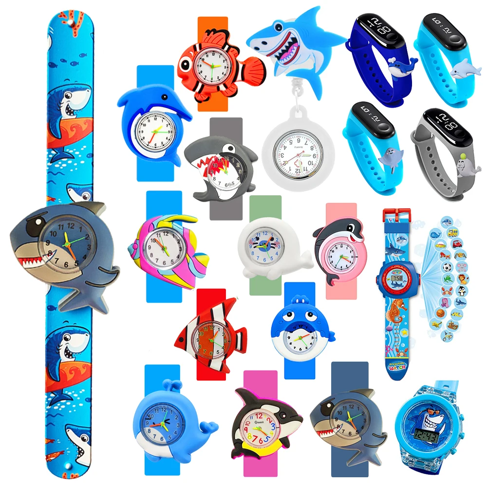 High Quality Printed Strap Cartoon Shark Fish Themed Children's Watch for 2-14 Years Old Boys Girls Slap Bracelet Kid Wristwatch
