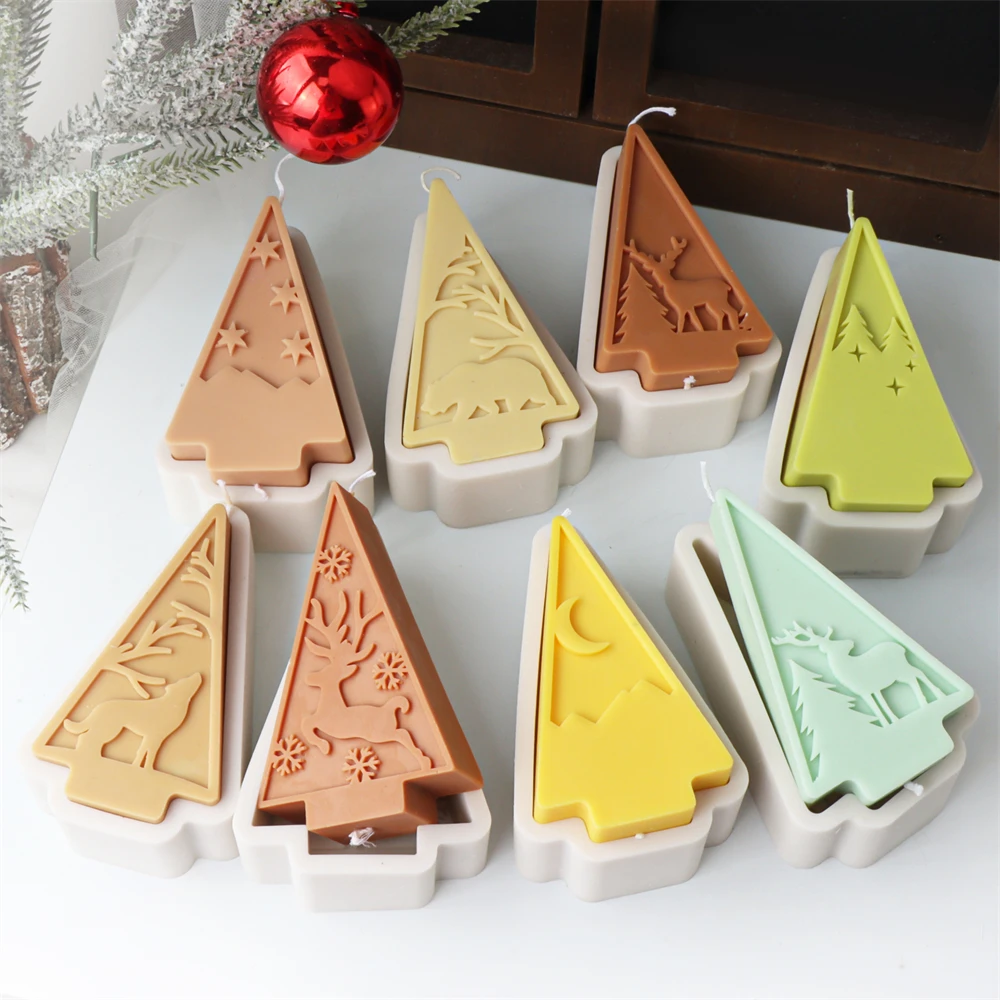 3D Geometric Christmas Tree Silicone Candle Mold DIY Relief Christmas Scene Column Aromatherapy Candle Plaster Mold Home Decor